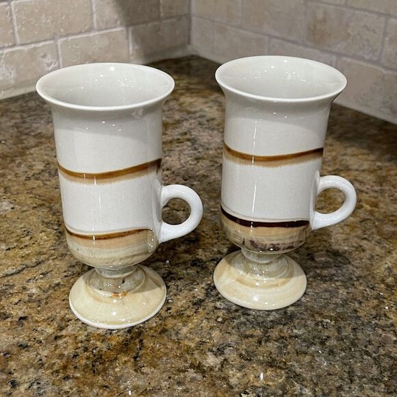 Otagiri Coffee Mugs Set Of 2 Japanese 1970s Stoneware Pedestal Hand-Painted 5.5" - Picture 1 of 10